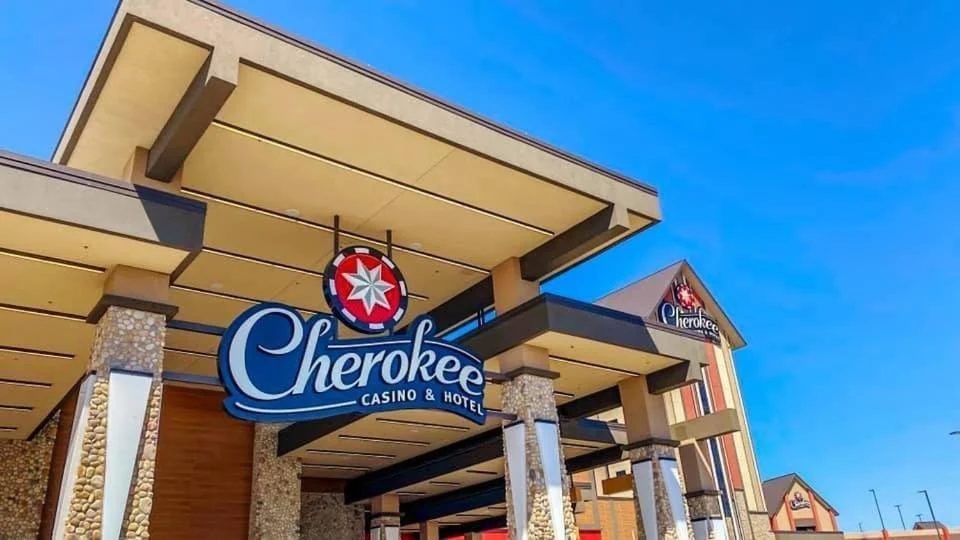 Entrance canopy and sign at Cherokee Casino and Hotel in Roland, Oklahoma