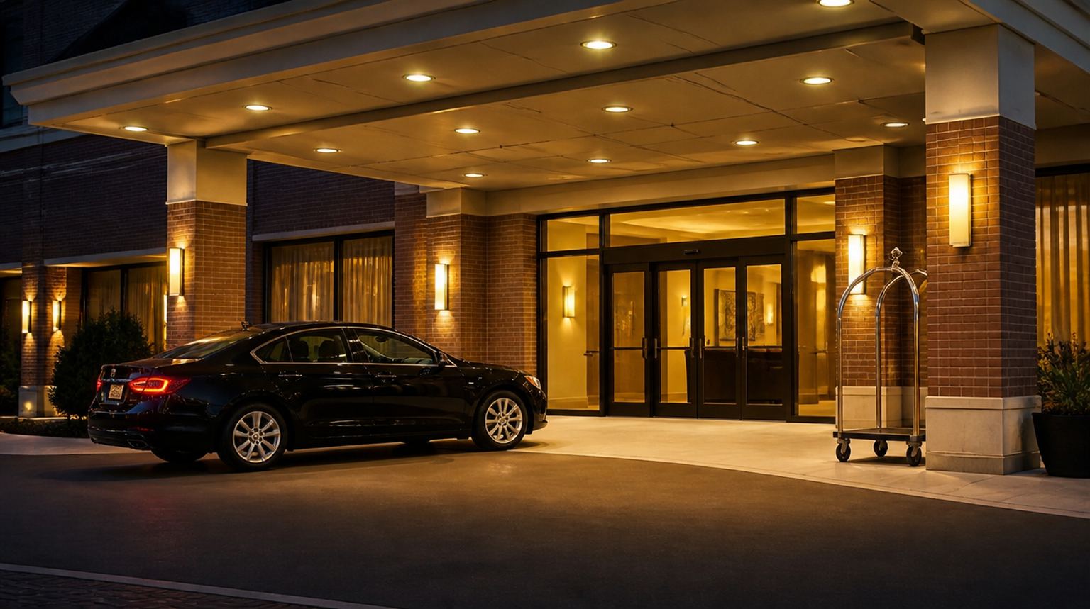 Black sedan waiting under the lit entrance canopy of a downtown business hotel in the evening