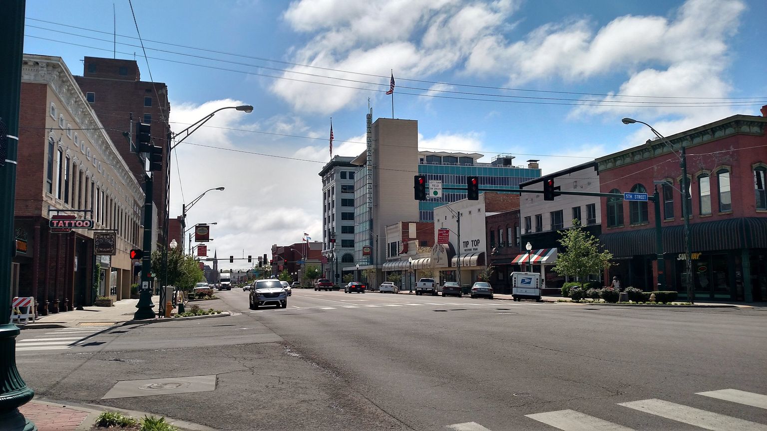 Downtown Fort Smith, Arkansas, looking along a street of historic brick storefronts