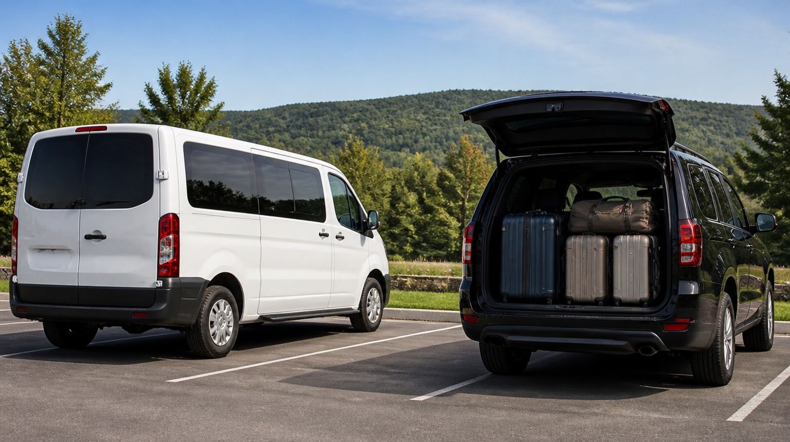 White passenger van parked beside a dark van with suitcases loaded in its open rear hatch